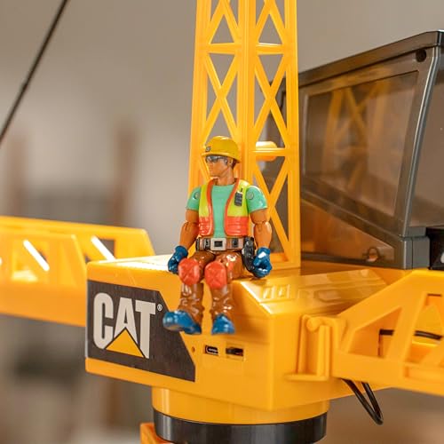 Image of Cat Construction Workforce Jumbo Tower Crane Set, 50-Inch RC Crane Toy with 360-Degree Rotation, Hook and Wrecking Ball, Light, Skid Steer and 4 inch Figure, USB Rechargeable, Ages 5+