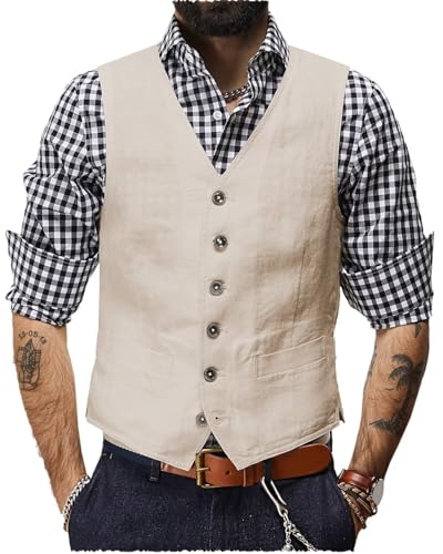 Men's Summer Linen Vest Slim Fit Vintage Suit Vest Beach Wedding Casual Waistcoat for Party Groomsmen