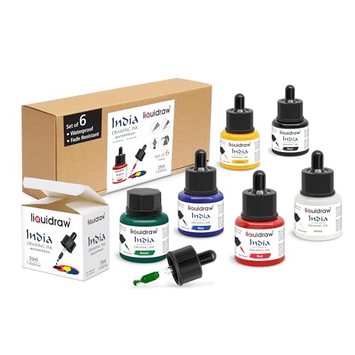 Liquidraw Waterproof Coloured Drawing Ink with Dropper | 6 x 35 ml Bottles | Set of Assorted Colours | India Ink for Calligraphy, Pens, Brushes & Dip Pens | Ideal for Drawing, Writing & Art Projects