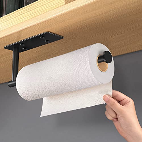 Image of VAEHOLD Self Adhesive Paper Towel Holder Under Cabinet Mount, Wall Mounted Paper Towel Roll Holder with Damping Effect for Kitchen, Bathroom, Wall - SUS304 Stainless Steel (Matte Black)