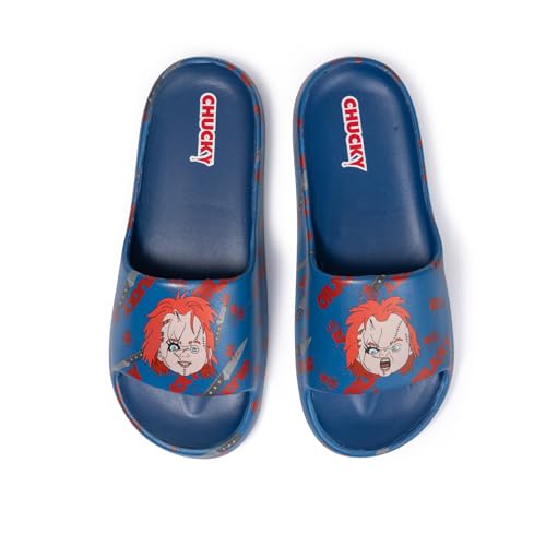 Chucky Pool Sandals - Mens Blue All-Over Print Pool Slides - Quick-Dry Beach Doll Motifs Flip-Flops Adult Sizes 8/9 Water Shoes for Fans