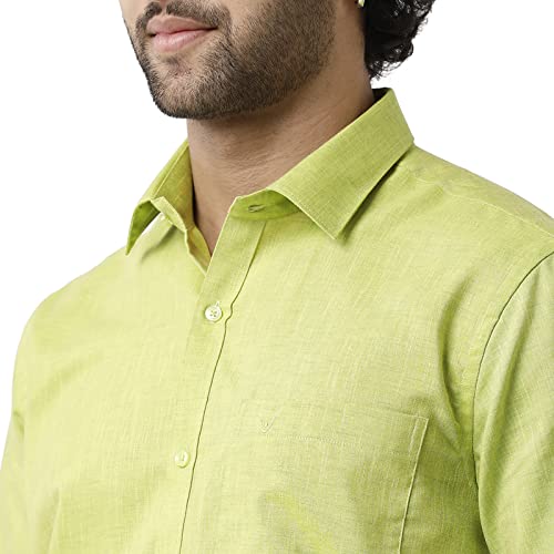 Image of UATHAYAM Varna Pale Green Cotton Slim Fit Solid Half Sleeve Shirt and Dhoti Set Combo