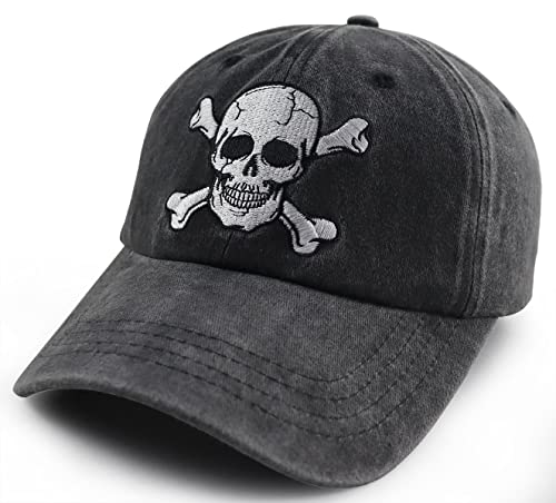 Skeleton Skull Decor Hats For Men Women, Funny Embroidered Skull And Crossbones Baseball Cap, Adjustable Washed Distressed Vintage Halloween Decorations Hat For Mom Dad Grandpa Grandma Friends Black #TOP1