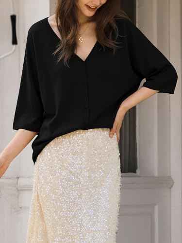 Image of Saodimallsu Womens V Neck Half Sleeve Cardigan Sweaters Summer Knit Tops | Oversized Fit, Button Down, Batwing Sleeve, Soft Lightweight Knitted Fabric, Trendy Casual Style, Summer Fall Outfits