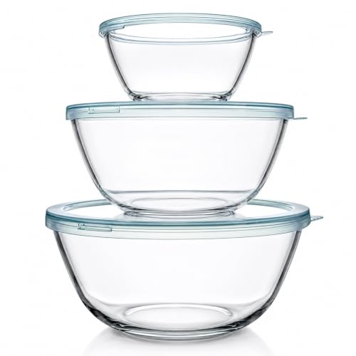Luvan Set di 3 Insalatiera in Vetro con Coperchio (4.2 L, 2.5 L,1 litro), Grandi Ciotole Rotonde per la Cucina,Perfette per Cucinare, Cuocere al Forno, Servire, Preparare, Lavabili in Lavastovigli