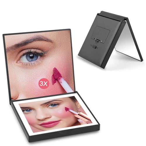 ALLROSE Compact Mirror, 1X/3X Magnifying Travel Mirror with Light Small Purse Mirror Pocket Mirror for Makeup, Mini LED Portable Handheld Makeup Mirror Travel Essentials Gifts for Women Girls, Black