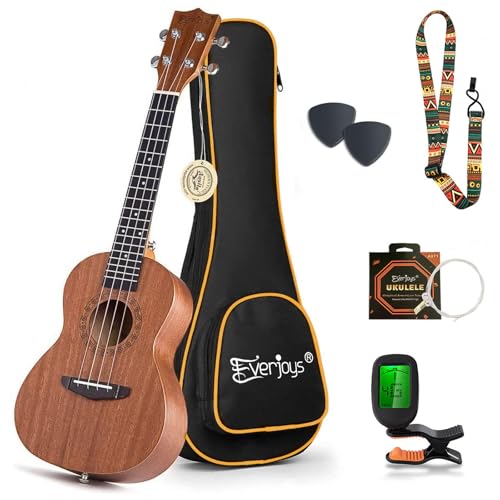 Everjoys Concert Ukulele Mahogany - 23 inch Professional Wooden Ukulele Free Online Lessons Uke Strap Case Digital Tuner Picks Aquila String