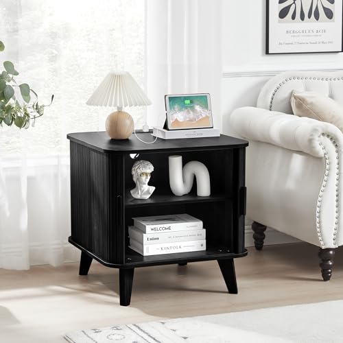 Image of 24 Inch End Table with Charging Station, Mid Century Modern Fluted Nighstand with Storage & Sliding Door, Wooden Large Side Table for Bedroom Living Room (Square, Black)