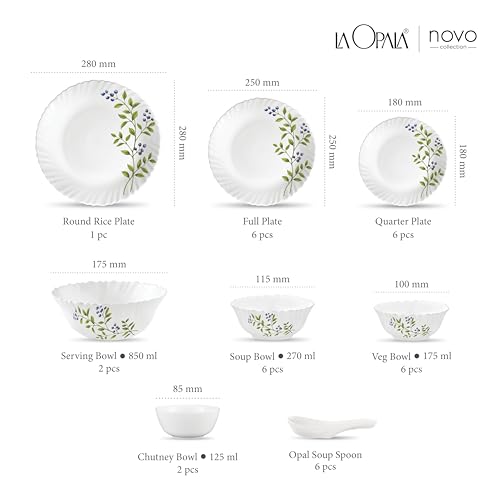Image of La Opala Novo Collection Opal Glass Crockery | for Family of 6 | Dinner Set 35 pcs Lush Greens | Plates & Bowls for Dining | Microwave Safe | 100% Vegetarian | Extra Strong | Light & White