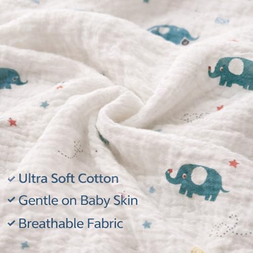 Image of Baby Muslin Blanket for Newborn | 4-Layer Crinkled Cotton Muslin Blanket | Soft, Breathable, Lightweight All-Season Baby Blanket (100 X 100 cms) | 0-2 Years | Elephant Design