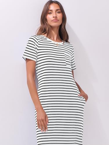 Image of ANRABESS Womens Midi Dress,Summer Long Tshirts Dresses,Short Sleeve Split Stripe,Comfy Travel Beach Vacation Casual Wear