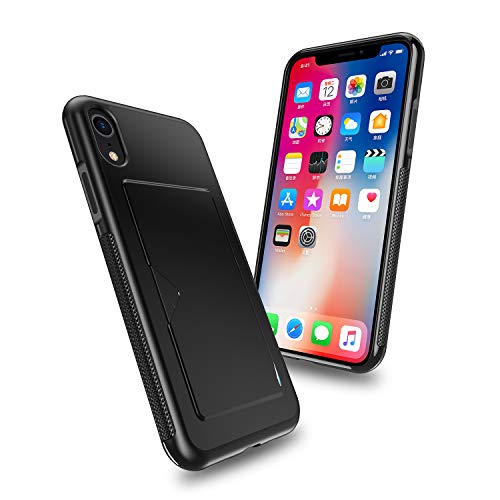 OWLGuardian スマホケース for iPhone XR 用 ケース カード収納 上質な手触り アイフォン XR カバー 耐衝撃 軽量 薄い ICカード収納 【背面カード収納付】 (XR ブラック)