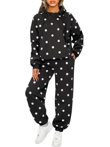 Fisoew Womens Polka Dot 2 Piece Sets Long Sleeve Hooded Tops Jogger Pants - image 1