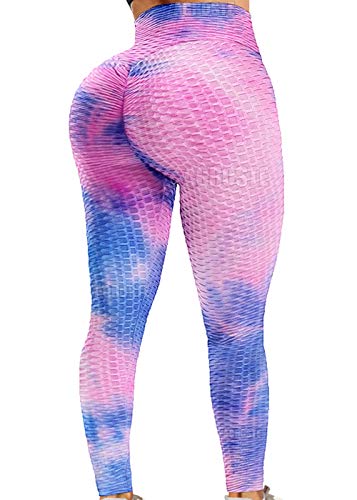 A AGROSTE - Pantalones de yoga para mujer, cintura alta, para controlar la barriga, para hacer ejercicio, levantamiento de glúteos, elásticos, con textura, para botín, XXL, 1-teñido azul rosa