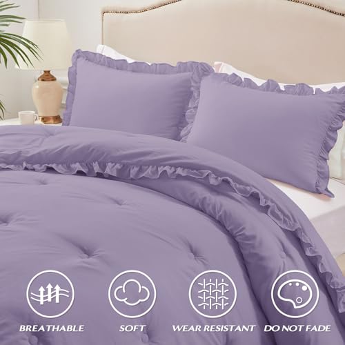 Image of HARBOREST Twin Comforter Set Lavender - Ruffle Comforter for Twin Size Bed, Fluffy Twin Size Comforter Set for All Seasons, 2 Pieces Shabby Chic Bedding Comforter Sets(1 Comforter & 1 Pillow Sham)