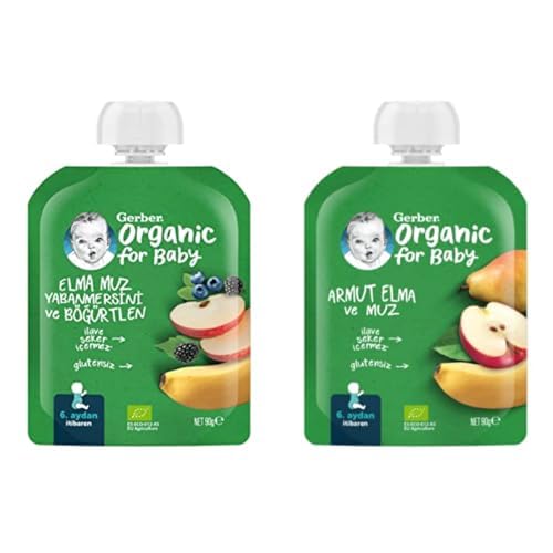Gerber Organik Muz Yabanmersini Böğürtlen ve Elma Püresi 90 g ve Gerber Organik Armut Elma ve Muz Püresi 90 g