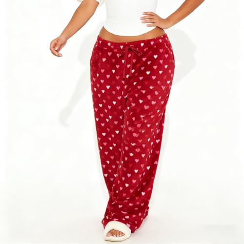 Image of Valentine's Day Flannel Pants Women's Romantic Heart Print Elastic Drawstring Waistband Wide Leg Loose Fit Trousers