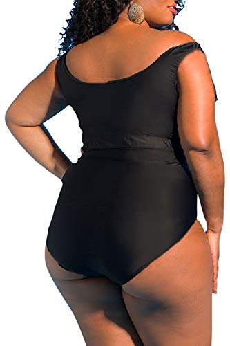 Biquíni feminino plus size Kisscynest, 2 peças, cintura alta, babados, Preto, X-Large