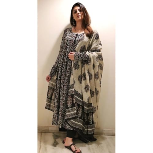 Image of Nermosa Women Printed Anarkali Kurta and Pant Set with Dupatta | Printed Kurta Set | Cotton Suit | Women Kurta Sets |
