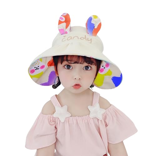 Kids Cute Rabbit Ear Wide Brim Sun Hat Empty Top Double-Sides Pattern Bucket Hat Summer Beach Travel Hat for Boys Girls