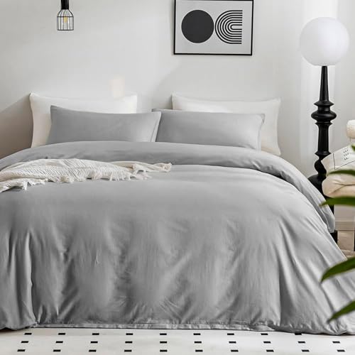 Image of JELLYMONI Cotton Duvet Cover Twin Size - 100% Washed Cotton Linen Like Textured Comforter Cover, 2 Pieces Breathable Soft Bedding Set with Zipper Closure (Light Gray, Twin 68 inchx90 inch)