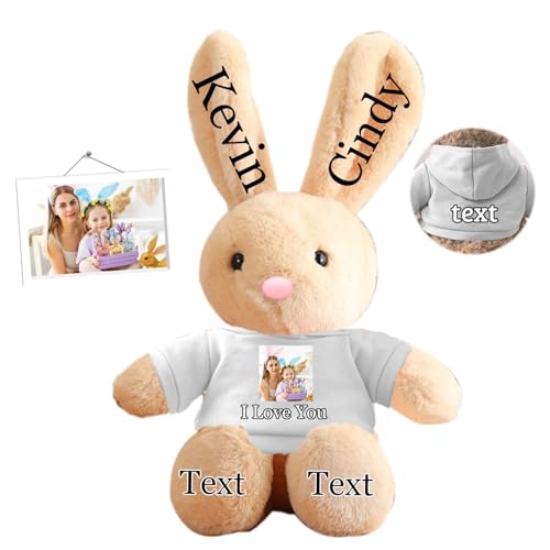 DRAJOIN Peluche Lapin Personnalisée, Lapin en Peluche Personnalisé avec Photo et Nom, Cadeau de Pâques pour Filles, Garçons, Enfants et Adultes, 35 cm
