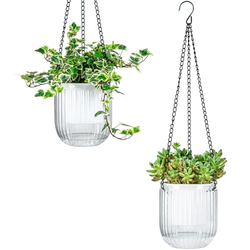 Josteve 4.5 Inch 2 Pcs Self Watering Hanging Planter Indoor Plant Pots with Drainage Holes, Outdoor Small Hanging Planters Flower Pot Basket, Visible Water Level, Plant Hanger Home Decor, Gardening