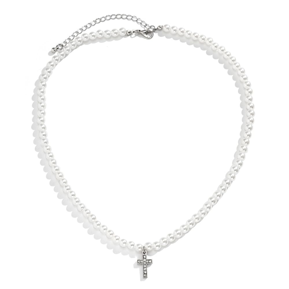 Eigso Collana Uomo Donna Con Ciondolo Croce E Perle - In Acciaio Inox Con Strass, Gioiello Regalo