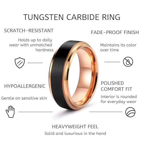 Black Satin Finish Tungsten Carbide Ring with Rose Gold Plated Stepped Edge | Custom Engraved Wedding Band for Men and Women2