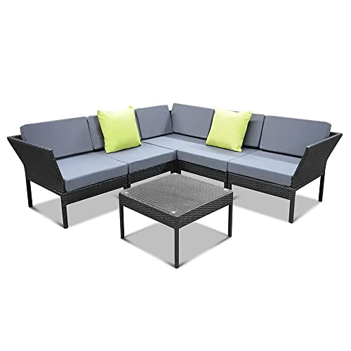 Image of DEVOKO Outdoor L-Shape Sectional Patio Furniture Set Conversation Sofa Set with Coffee Table (Black and Grey)