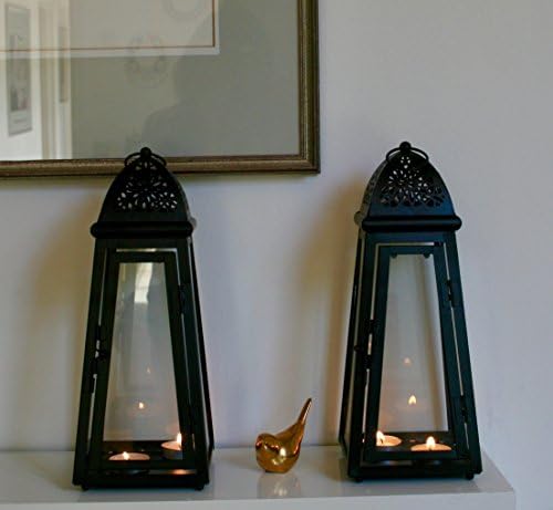 set of 2 Black Lantern Metal & Glass 30 cm tall with FREE t lights