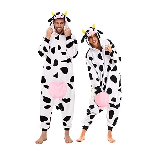 CANASOUR Cow Onesie Adult Couples Halloween Polyester Unisex Pajamas For Women Cosplay One Piece Anime Christmas Costume With Udders (Small, Cow)