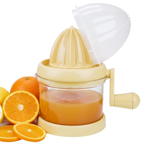 Manual Hand Crank Juicer - Portable Citrus Juicer for Oranges, Lemons & More - Hand Operated Fruit Juice Press for Home & Outdoor Use (Yellow)