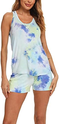 Hefunige Women Modal Sleeveless Racerback Pajamas Short Set Pajamas Petite Plus Size S-4XL, Yellow-green Tie-Dyee, Medium