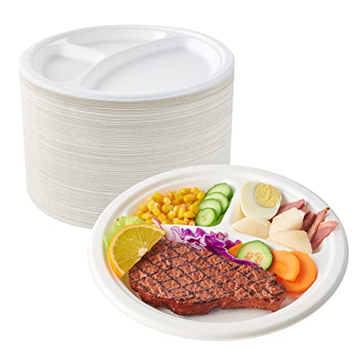 ECOLipak Compostable Disposable 3 Compartment Paper Plates 10 inch White