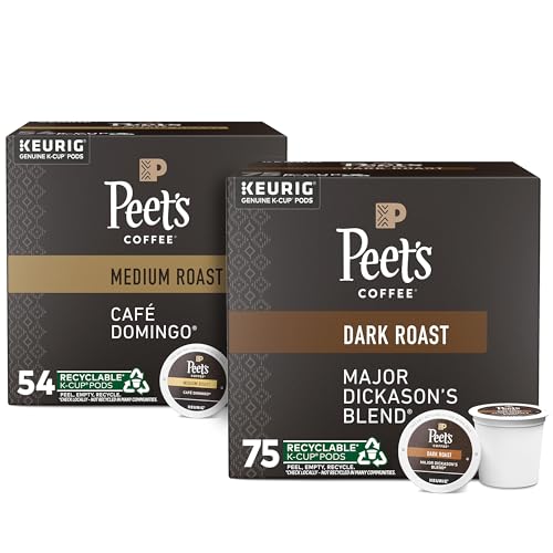 Peet's Coffee Major Dickason's Blend, Dark Roast, 75 Count Single Serve K-Cup Coffee Pods, Black & Café Domingo, Medium Roast, 54 Count Single Serve K-Cup Coffee Pods