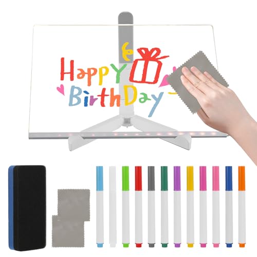 Tableau à dessin lumineux à DEL en acrylique avec 12 couleurs, tableau d'écriture à DEL néon lumineux avec support, gomme pour l'école, la maison, le bureau, 30 x 20 cm