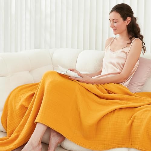 EMME Cotton Throw Blanket - 100% Muslin Soft, Breathable Gauze - All Season, Pre-Washed - Mustard Yellow, 50"x70"