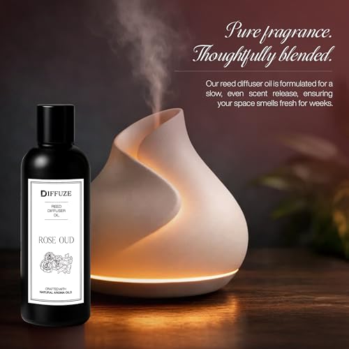 Image of DIFFUZE Rose Oud Essential Oil Reed Diffuser Refill with 10 Fibre Reed Sticks | Luxury Floral Woody Aroma Oil | Diffuser Oil for Home Fragrance