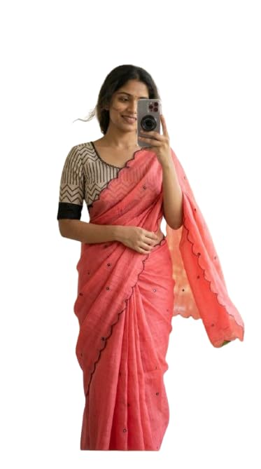 Image of Linen Cotton Saree with Black Mirror Work | New