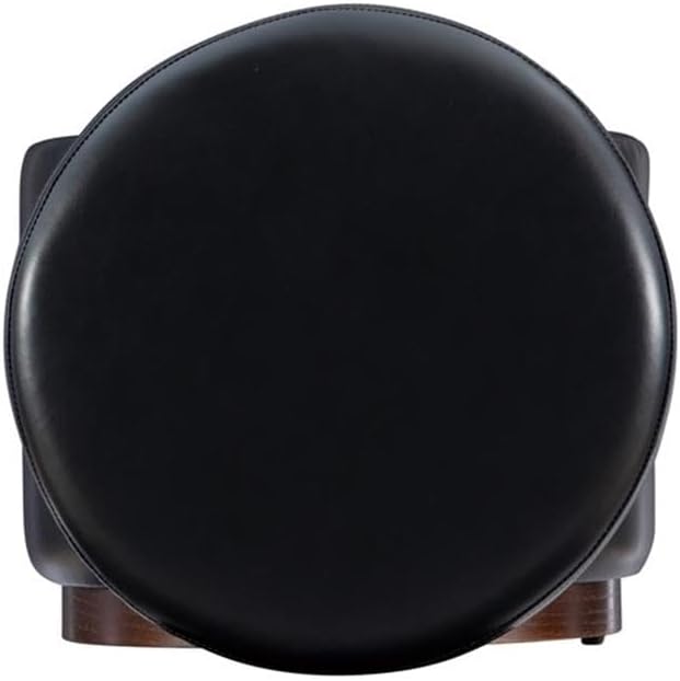 BOWERY HILL Round Padded Storage Ottoman, Black Faux Leather with Dark Walnut Pinewood Trim, 18" W x 18" D x 18" H, Removable Lid, Lined Interior, Multifunctional Seating, Home Living Room Furniture