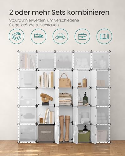 SONGMICS Regalsystem, Schuhregal, Set aus 16 Würfeln, Kleiderschrank aus Kunststoff, mit Türen, Steckregal, Aufbewahrung von Kleidung, Schuhen und Büchern, einfache Montage, weiß LPC44BS