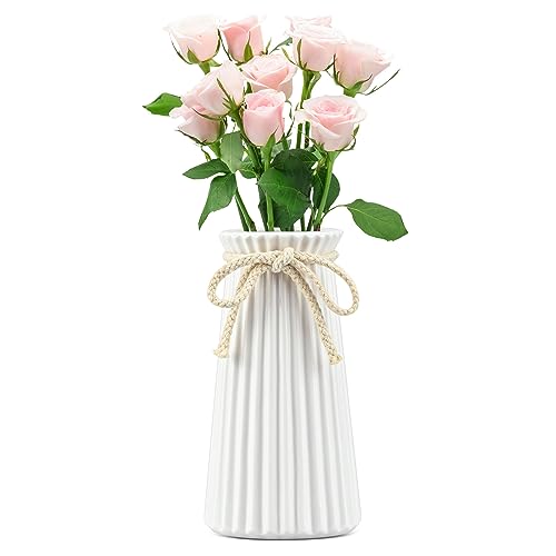 JTOOYS White Ceramic Ribbed Vases, Minimalist Modern Home Decor, Dried Flower Vase, 19.5cm