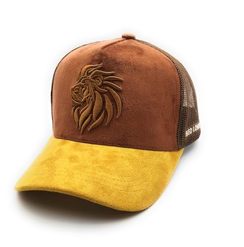Image of NEO LONDON Brown & Mustard Trucker Cap | Suede Baseball Cap | 3D Embroidered Lion | Mesh Back | Unisex Snapback