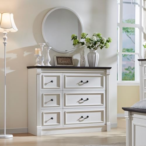 Aitjunz 6 Drawers Dresser for Bedroom, Farmhouse 47.8\" Wide Dressers & Chests of Drawers w/Roman Column, Wood Rustic Closet Dresser with Two Different Drawer Sizes for Bedroom, Living Room, White