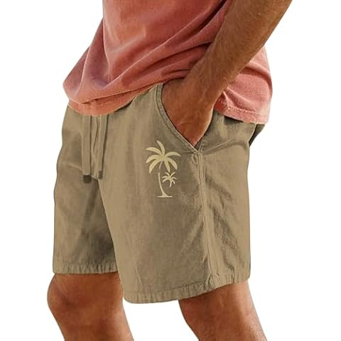 Beach Shorts for Men Linen Drawstring Walk Short Casual Classic Fit Cotton Summer Mens Casual Shorts Khaki Cover