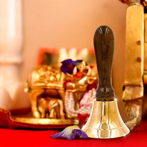Image of Shubhkart Nitya Brass Wooden Puja Bell | Pooja Bell Brass Ghanti for Puja Arti Prayer | Essentials for Home Mandir | Traditional Items | Religious Bell - 4.9 Inch, 100g
