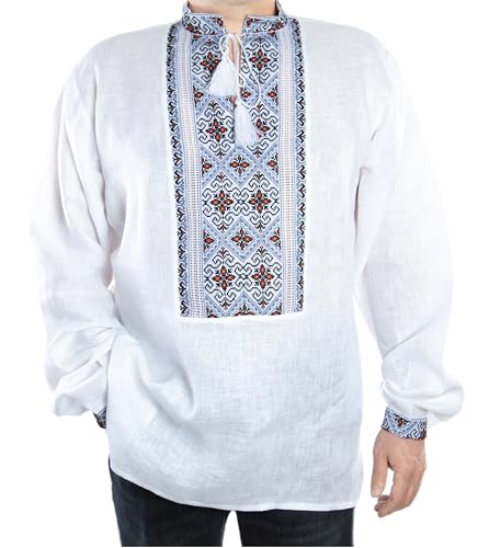 HAND Mens White VYSHYVANKA LINEN SHIRT Red Black Embroidered XL FATHER'S DAYSALE
