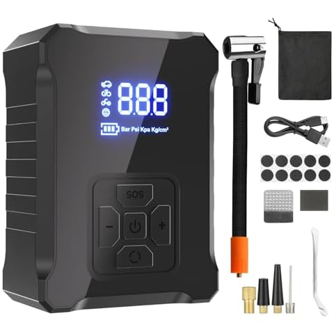 Fitense Bike Pump with Digital Pressure Gauge, Portable Electric Bicycle Pump Car Tire Inflator, Max 150 PSI, Auto Shut-Off Air Pump with Presta and Schrader Valves for Bicycles Motorcycles and Cars Cover