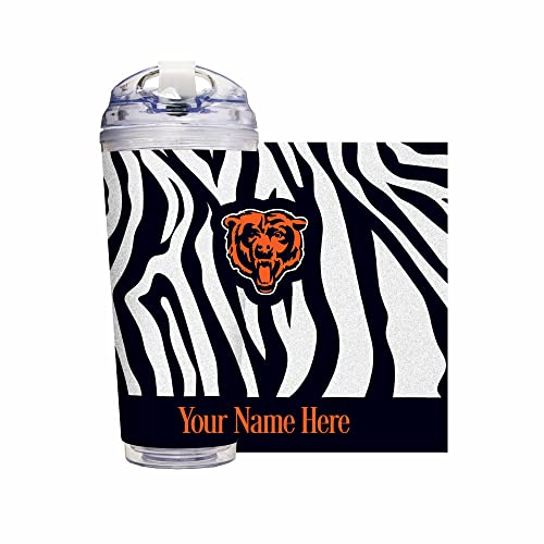 Rico Industries NFL Football Chicago Bears Zebra Stripes 24oz Personalized Team Color Glitter Travel Tumbler W/Hinged Lid
